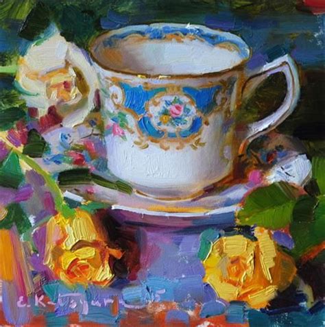 Daily Paintworks Teacup And Yellow Roses Original Fine Art For