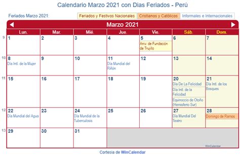 Calendario Marzo 2021 Para Imprimir Perú