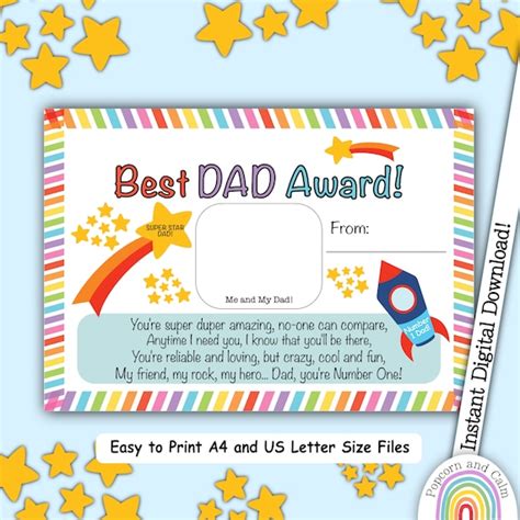 Best Dad Award Fathers Day Printable T For Dad Etsy