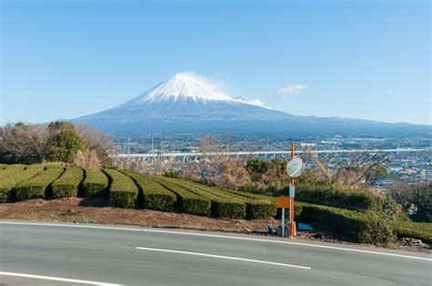 Premium Photo Mount Fuji With Snow And Green Tea Plantation In