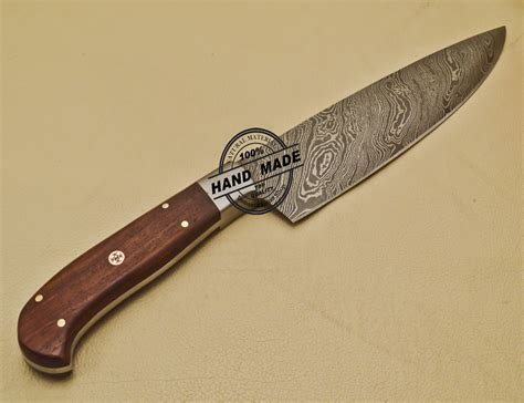 damascus knife kitchen steel chef custom handmade handle rose wood