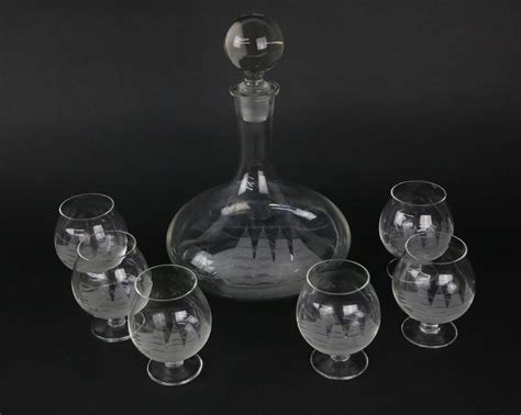 Set Of Six Clipper Ship Etched Glass Brandy Glasses And Decanter Set Of Six Clipper Ship