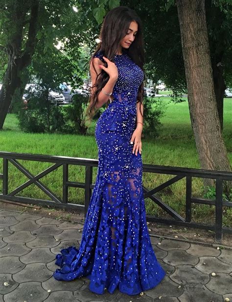 Exquisite Jewel Sweep Train Royal Blue Lace Mermaid Prom Dress With
