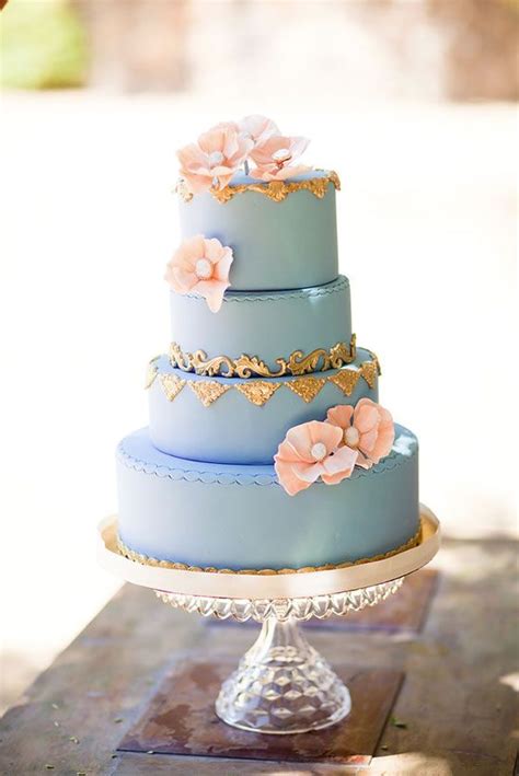 Light Blue Wedding Cake With Pale Peach Flowers Pretty Please Bakeshop