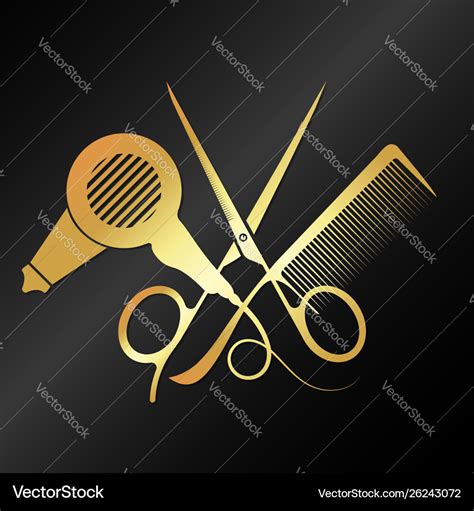 Golden Scissors And Comb With Hair Dryer Vector Image