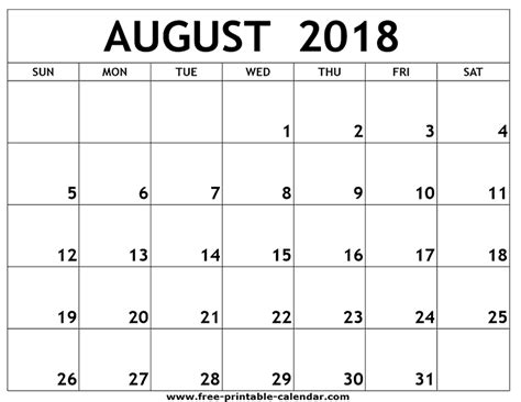 August 2018 Printable Calendar Calendar Printables 2020 Calendar