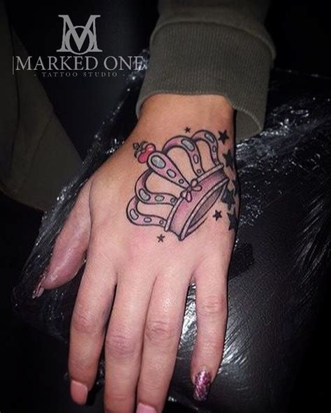 Women Tattoo Girly Hand Tattoo Pink Crown On Hand