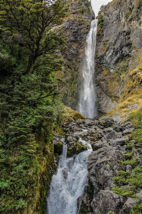 Devil`s Punchbowl Waterfall In Arthur`s Pass National Park New Zealand