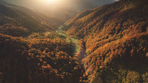 Aerial View Drone Flight Over Fantastic Autumn Mountain Landscape