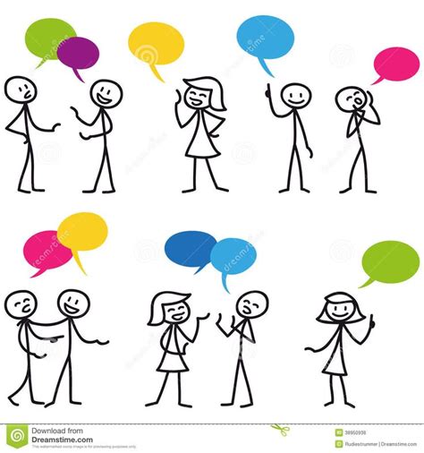 Cartoon Stick Figures Talking To Each Other With Speech Bubbles