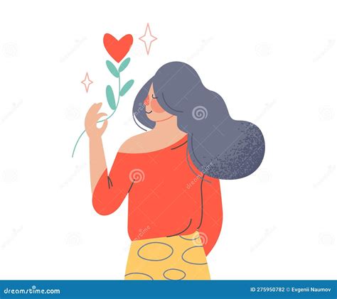 enamoured woman holding red heart flower on stem feeling passion vector illustration stock