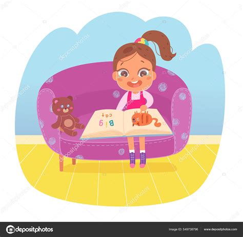 Kid Reading Open Story Book With Laugh Vector Illustration Cartoon