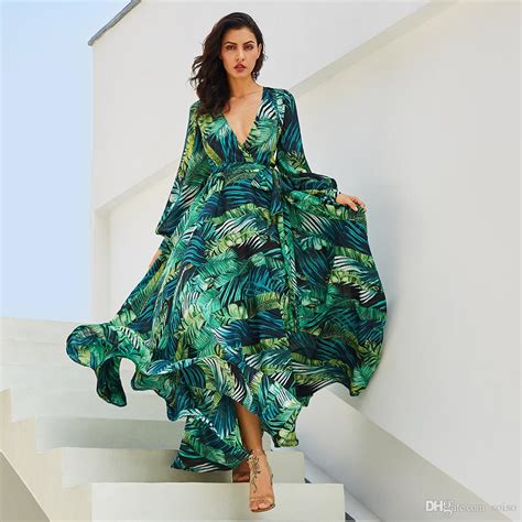 Fashion Long Sleeve Dress Green Tropical Beach Vintage Maxi Dresses