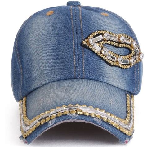 Ililily Vintage Washed Denim Lips Shaped Rhinestone Embellished Hat
