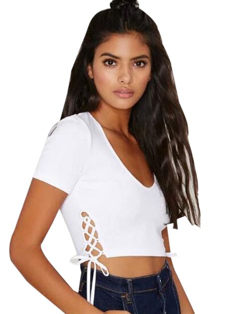 Deep V Neck Low Cut Side Lace Up Bow Knot Crop Top Fashion Cropped Sexy