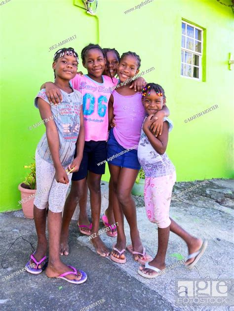 Caribbean St Lucia Soufriere Smiling Girls Outdoors Stock Photo