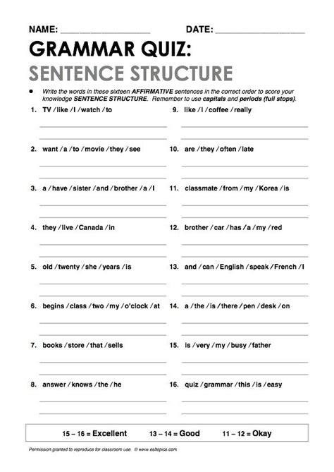 Sentence Structure Worksheets With Answer Key Pdf