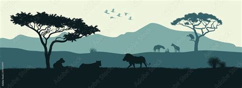 Black Silhouette Of Animals Of The African Savannah Lions Give Out