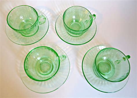 Green Depression Glass Fruits Cup Saucer Hazel Atlas Etsy