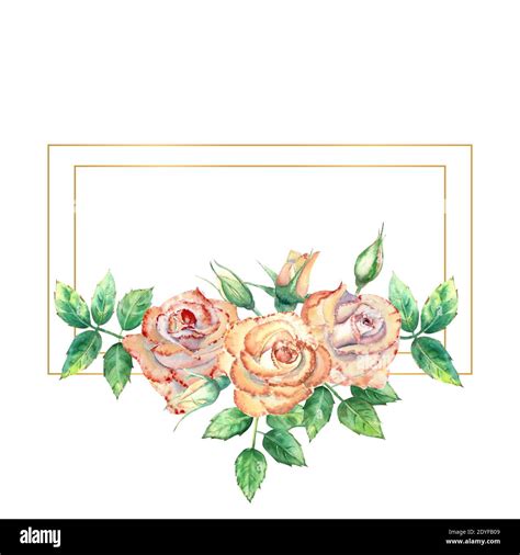 Gold Geometric Frame Decorated With Flowers Peach Roses Green Leaves