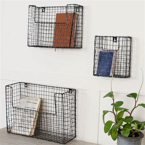Set Of Three Wall Mounted Black Wire Storage Baskets By Dibor