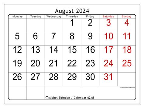 August 2024 Printable Calendar “62ms” Michel Zbinden Uk