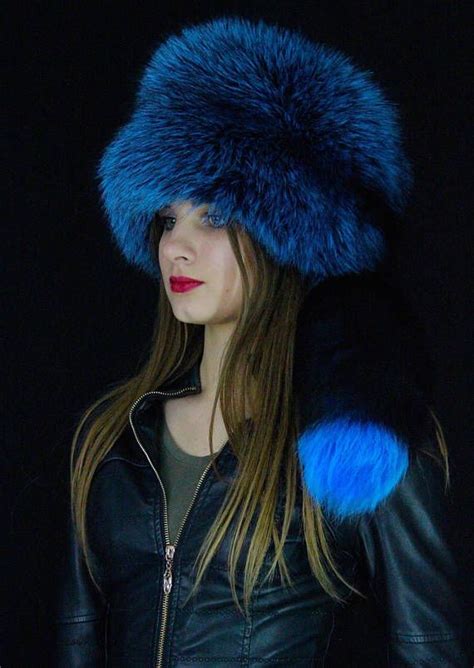 Blue Silver Fox Fur Hat With Real Fox Tail Dyed Blue Fox Fur Fur Hat