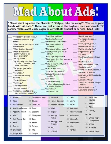 Mad About Ads Tv Slogans Printable Matching Game Tv Trivia