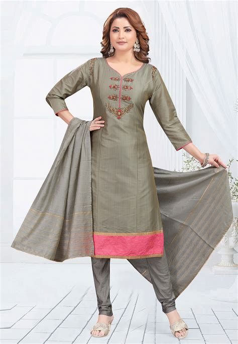 Grey Art Silk Readymade Churidar Suit