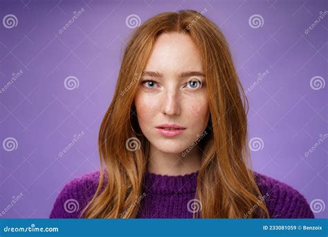 Headshot Of Sensual And Attractive Tender Redhead Female With Freckles And Pure Skin Looking At