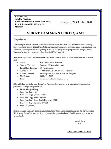 Home/edukasi/surat lamaran kerja/contoh surat lamaran kerja di hotel. Contoh Surat Lamaran Klinik
