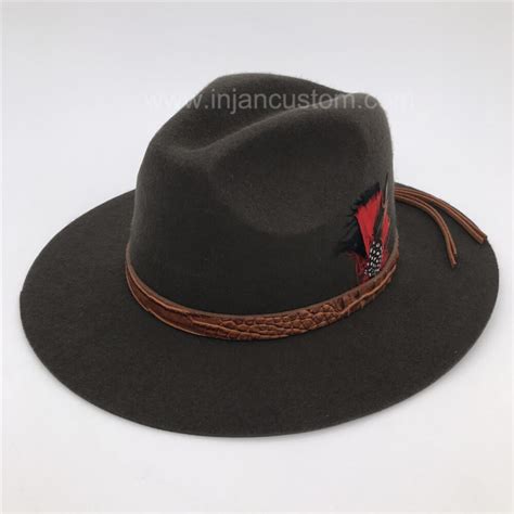 Custom Wide Brim Fedora Hat With Leather Ribbon And Printing Lining