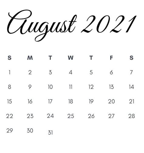 Blank August 2021 Printable Calendar Print Monthly Calendar June