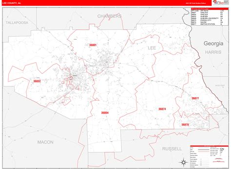 Lee County Al Zip Code Wall Map Red Line Style By Marketmaps