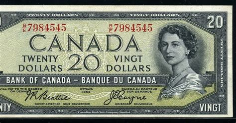Canadian Banknotes 20 Dollars Banknote Of 1954 Queen Elizabethcoins