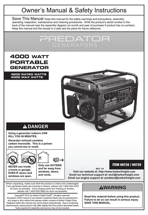 Predator Generators 4000 Watt Portable Generator Owners Manual