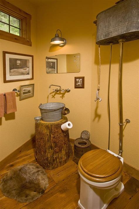 Rustic High Tank Toilet With Galvanized Bucket Sink Rustic Bathroom