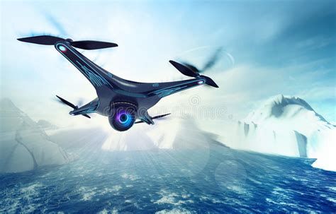 Camera Drone Flying Over Glacier Rocky Mountains Stock Illustration