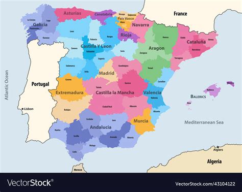Spain Autonomous Communities And Provinces Map Vector Image