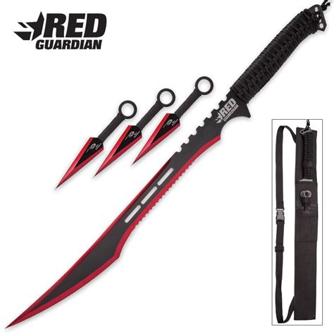 Red Guardian Ninja Sword And Kunai Throwing Knife Set With Sheath