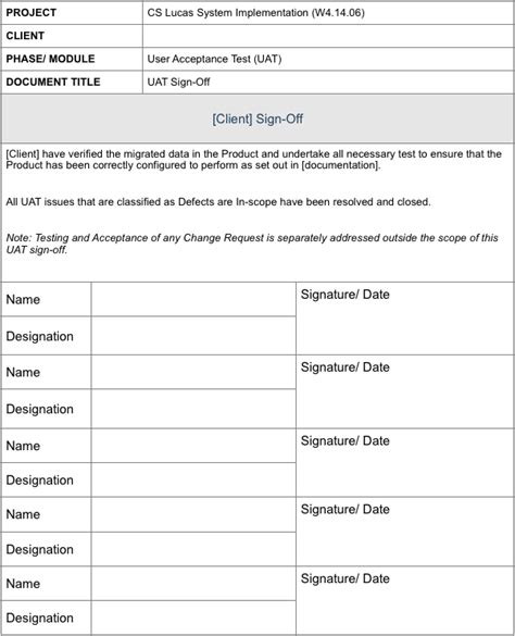 User Acceptance Sign Off Form