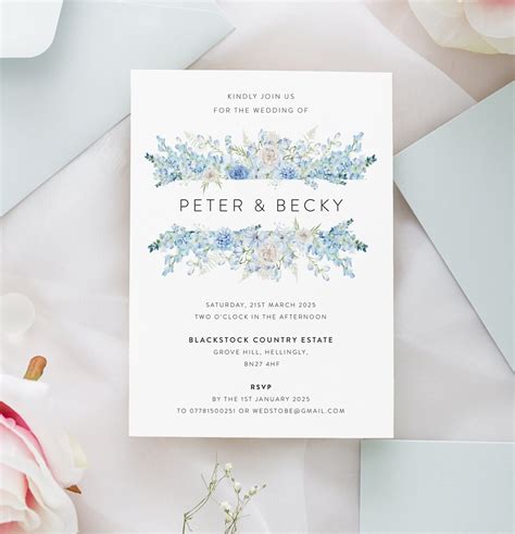Baby Blue Wedding Invitations Floral Invites Wedding Etsy Uk