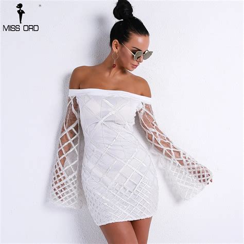 Missord 2018 Women Sexy Slash Neck Off Shoulder Sequin Dresses Female Elegant Mini Bodycon White