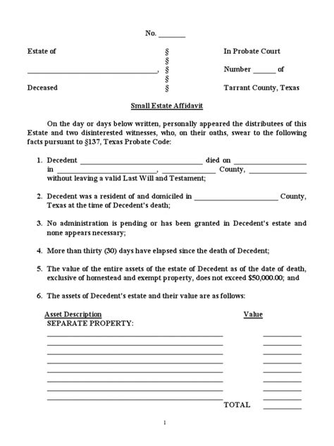 Texas Small Estate Affidavit Form Probate Notary Public