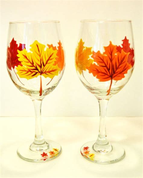 Fall Leaves Wine Glasses Handpainted Set Of By Artisticdzynsbylala 25 00 Wine Glass Crafts