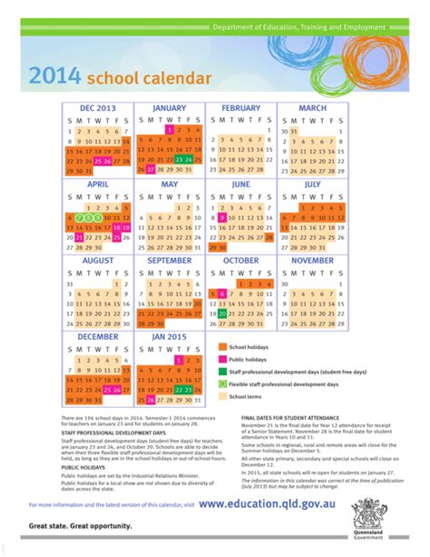 2014 School Calendar Education Queensland