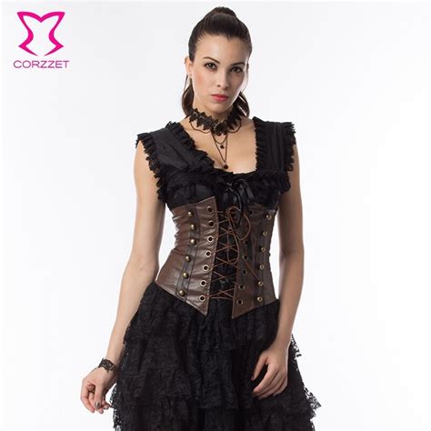 Lace Up Front Steampunk Corsets And Bustiers Brown Faux Leather Corset