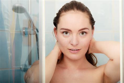 Woman Showering In Shower Cabin Cubicle Stock Photo Image Of Pure