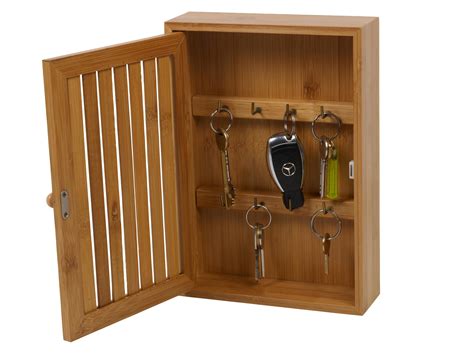Bamboo Wall Mounted Key Box And Brackets Cupboard Hooks Holder Storage