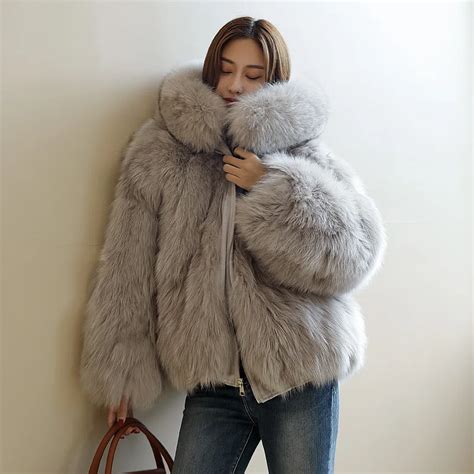 Womens Real Fox Fur Coat With Big Fur Hood Winter Reversible Fur Parka